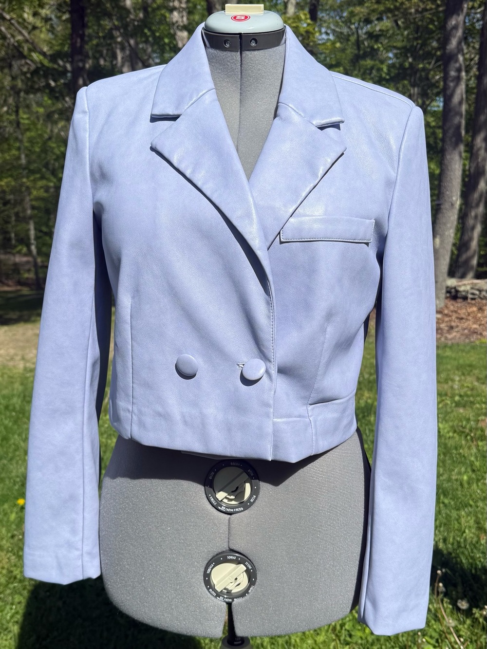 7 For All Mankind Faux Leather Cropped Double Breasted Jacket in Lavender.